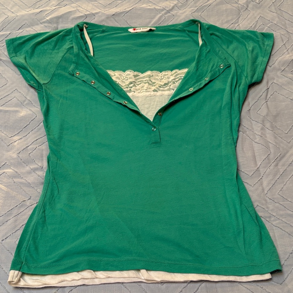 One Step Ahead Teal Blouse with Lace Detail